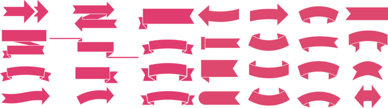Pink ribbon banner vector set with curved shapes. Decorative labels, scroll tags and vintage badges for promotions, headlines and web design projects.