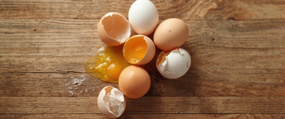 Whole and broken chicken eggs on a wooden surface