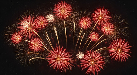 Fototapeta premium A spectacular display of red and gold fireworks exploding in the night sky, creating a dazzling and vibrant celebration