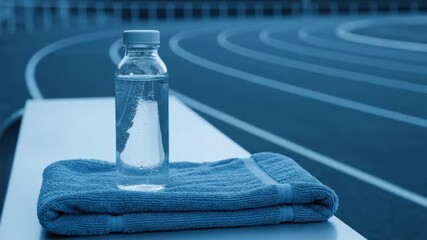 Refreshing Water Bottle on Towel Near Running Track for Athletes and Fitness Enthusiasts