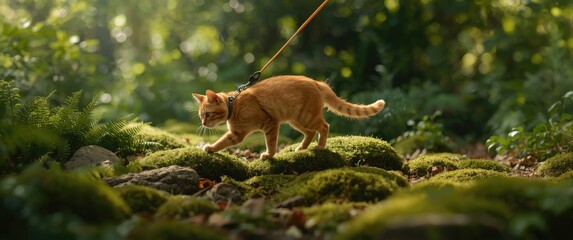 A leash-walking ginger cat explores lush forest terrain, stepping over mossy rocks amid dense greenery