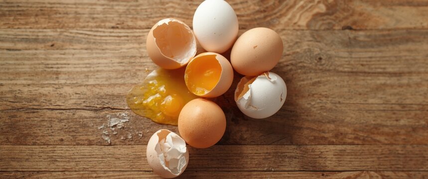 Whole and broken chicken eggs on a wooden surface