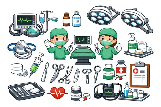 Cartoon surgeons in operating room with medical equipment and supplies.