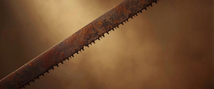 Old industrial hand saw showing damaged teeth and retro metal design