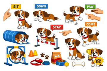 Adorable beagle training: sit, down, paw, stay, come with rewards.