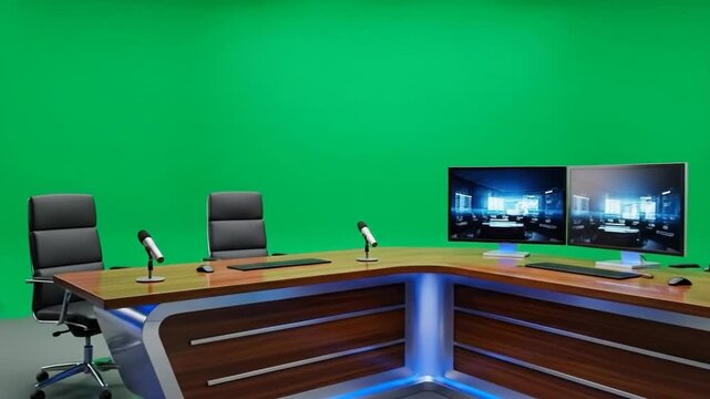 Empty television studio with green screen background, desk, chairs, and microphones.