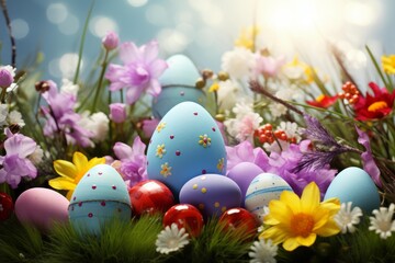 Colorful easter eggs and blossoming flowers creating a cheerful holiday scene