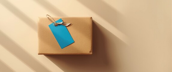 Cardboard Package Featuring a Blue Tag on Top and Copy Space