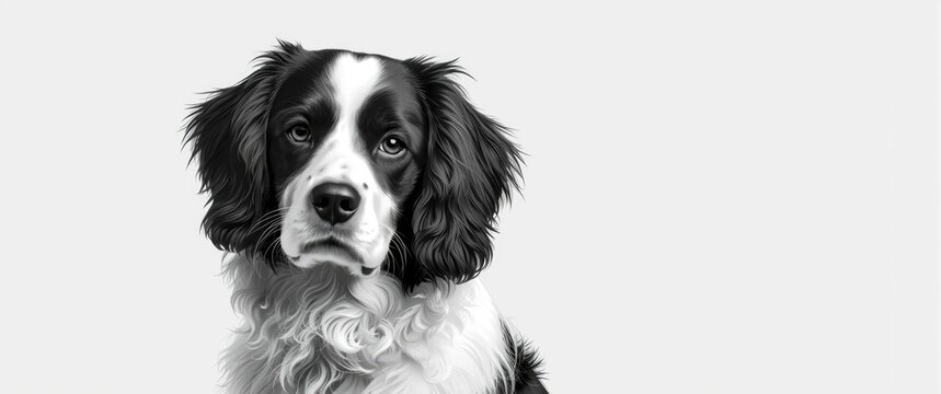 Elegant black and white drawing of a border collie and cocker spaniel crossbreed