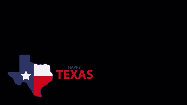Video Animation of Happy Texas text next to a silhouette map of the state of Texas with its flag colors on a Transparent background.