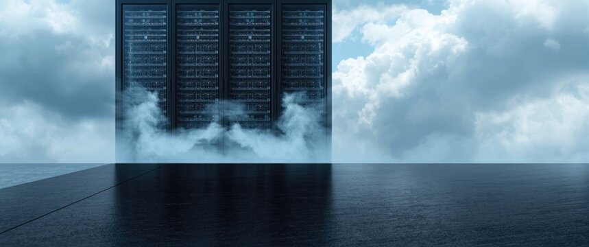 Cloudy backdrop featuring a table board and mesh with an empty table before a server rack for data and communications - Powered by Adobe
