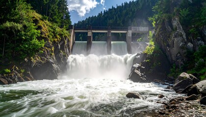 Water Flowing Over Dam in Mountains.