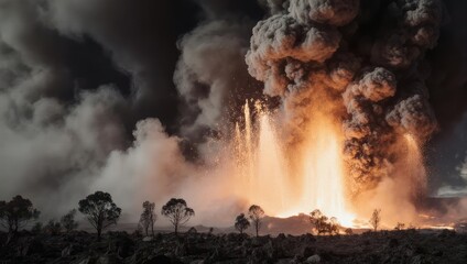 Fototapeta premium Massive Explosion and Fire Erupts in a Dark Forest Landscape.