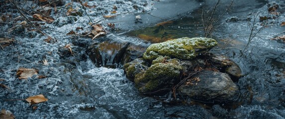 Fototapeta premium Small stream scene featuring ice, frost, mossy stones, dried leaves, texture, water, nature, wood, winter, snow, forest, white, animal