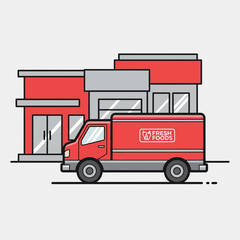 Vibrant Red Delivery Truck Outside Modern Building Representing Food Transport and Freshness