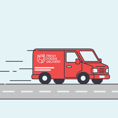 Vibrant Red Food Delivery Van Speeding Across Roadway Delivering Fresh Groceries Quickly