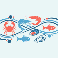 Vibrant Seafood Composition Featuring Crab, Shrimp, Fish, Mussels, and Oyster Illustrations
