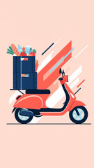 Vibrant Scooter Delivering Fresh Groceries Amidst Bold Abstract Lines and Light Background