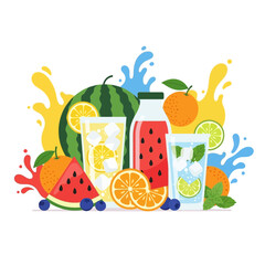 Vibrant Summer Fruit Medley: Refreshing Drinks and Watermelon Delights in a Colorful Composition