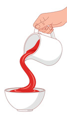 Vibrant Tomato Sauce Pouring From White Pitcher Into Matching Bowl on White Background