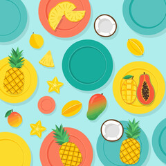Vibrant Tropical Feast: A Colorful Arrangement of Plates and Exotic Fruits, Fresh and Appetizing