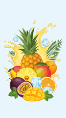 Vibrant Tropical Fruit Arrangement With Fresh Mangoes, Pineapple, And Citrus Splashes