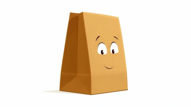 Cartoon-style brown paper bag with expressive face and sly smile, isolated on white background, concept of packaging with personality