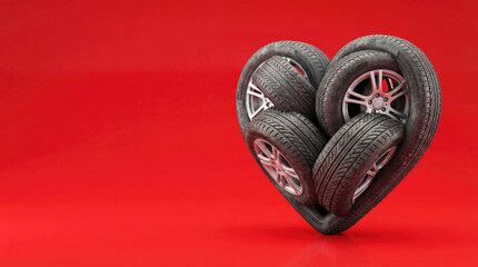 Heart shape created from four car tires arranged on a vibrant red background, symbolizing love for automobiles and automotive passion in a creative visual representation, copy space