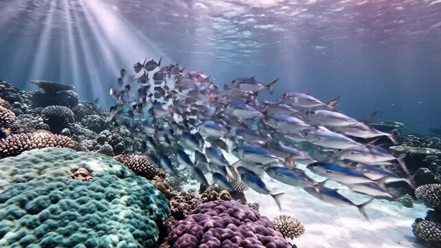 School of Silver Fish Swimming Among Colorful Coral Reef, Underwater