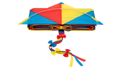 Colorful Folded Kite with Red Yellow Blue Fabric and Decorative Bows Isolated on White Background