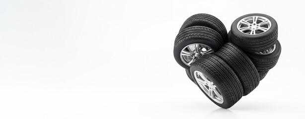 Banner with car tire with silver rims in the shape of a heart Isolated on white background with space for text