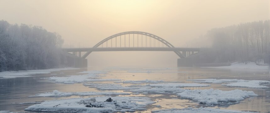 Morning Winter Ice Drift on the Neman River at Queen Louise Bridge with Fog in Sovetsk, Kaliningrad Region