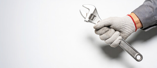 Banner Hand holding wrench on a light grey background with space for text. Repair, workshop, auto mechanic, transportation sector
