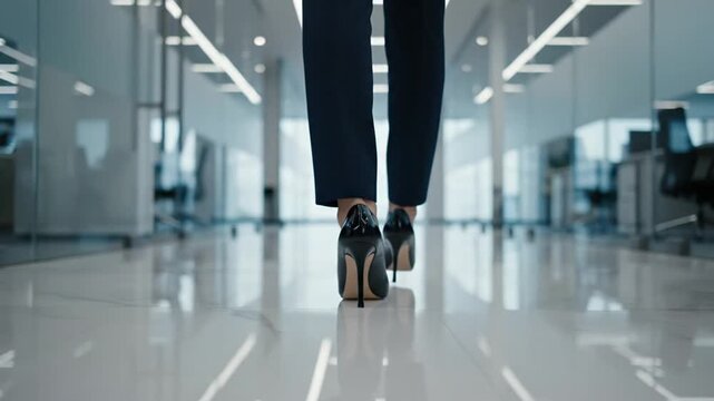 A woman walks down a modern office hallway in high heels and business attire in a professional video.