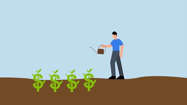 Financial goal, 4k animation of businessman investor holding arrow in stack of coins with piggy bank on pinball table..