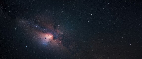 Obraz premium Astronomical image of Orion Nebula M42 with Galaxy, Open Cluster, Globular Cluster, stars, and space dust in the universe taken through telescope with a dedicated astrophotography camera