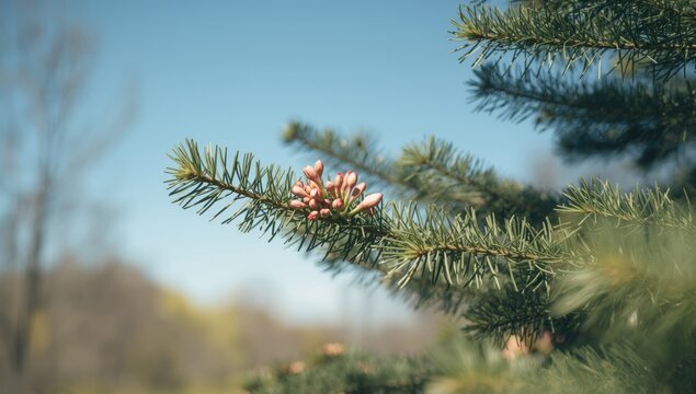 Larch tree with fresh spring flowers highlighting seasonal growth and forest environment