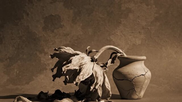 Wilted Flower in Cracked Vase Captures Beauty of Decay and Impermanence in Still Life