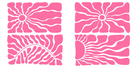 Vintage boho sunburst pattern with radial stripes and curved waves. Abstract retro sunshine background, funky 60s illustration with bold geometric rays and bright summer colors.