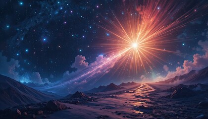 Vibrant starburst illuminates dark mountain landscape with stunning celestial display