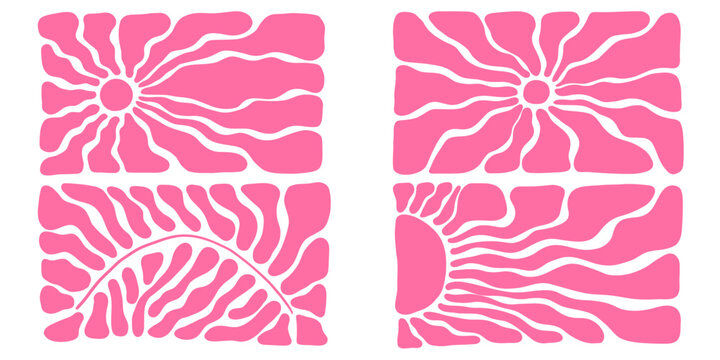 Vintage boho sunburst pattern with radial stripes and curved waves. Abstract retro sunshine background, funky 60s illustration with bold geometric rays and bright summer colors.