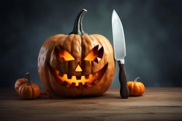 Jack o' lantern with menacing face glowing brightly on a wooden table, next to a knife