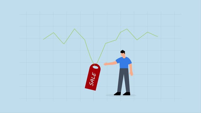 New stock IPO, 4k animation of Cart with money coins and the alphabet IPO riding on a rising green trade price graph.