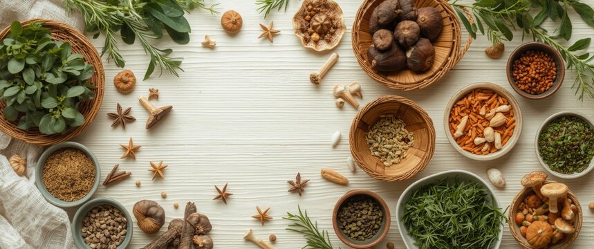 Nervine food collection featuring healthy natural adaptogens like herbs, spices, and mushrooms on light background