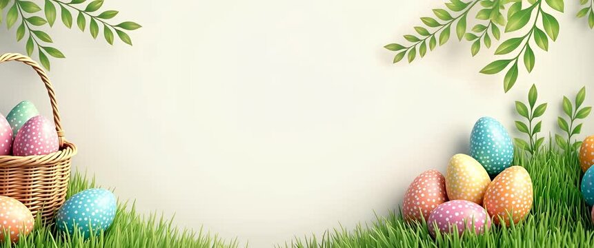 Colorful Easter eggs gently sway in a wicker basket as the camera slowly pans across a vibrant, blooming garden scene; cinematic, serene ambiance with soft light flickering through lush foliage.