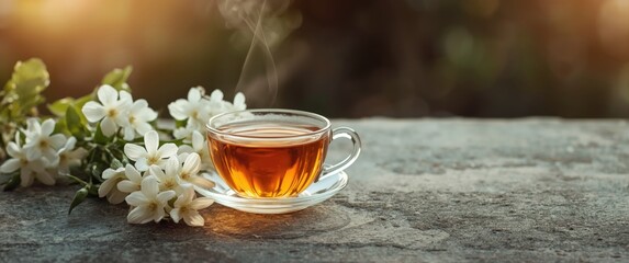 A cup of jasmine tea accompanied by fresh jasmine flowers on a stone surface, copy space available