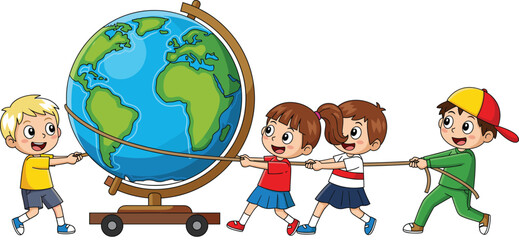 Happy Children Pulling World Globe Illustration with Kids Teamwork Learning Geography and Education Concept Design