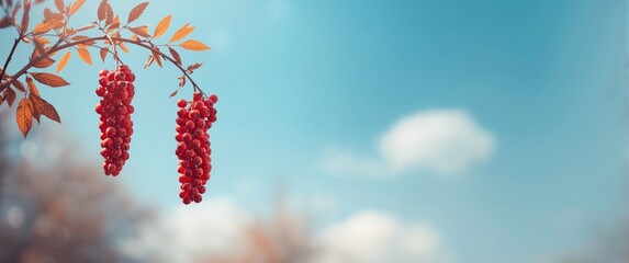 Autumn scene with a rich bunch of red rowan berries