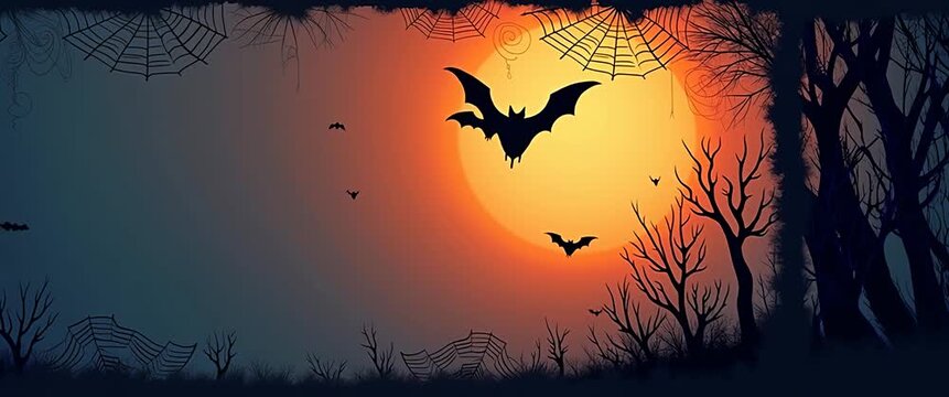 Spooky bats glide across a glowing orange moon, silhouetted against eerie spider webs, as the camera pans slowly through a haunted forest in a cinematic Halloween night scene.