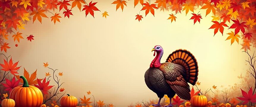 Thanksgiving turkey struts among pumpkins as autumn leaves gently sway, captured in a slow pan, cinematic style, perfect for festive holiday promotions and seasonal stock footage.